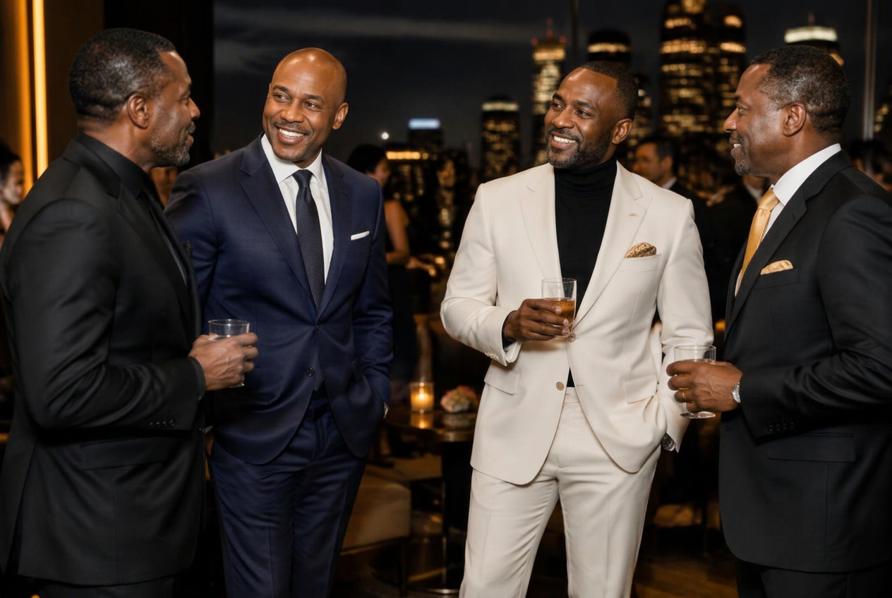 Four distinguished Black men socializing at an elegant organization gathering