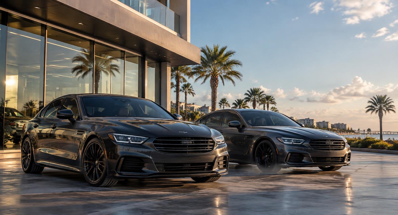 Dark luxury vehicles at an elegant showroom
