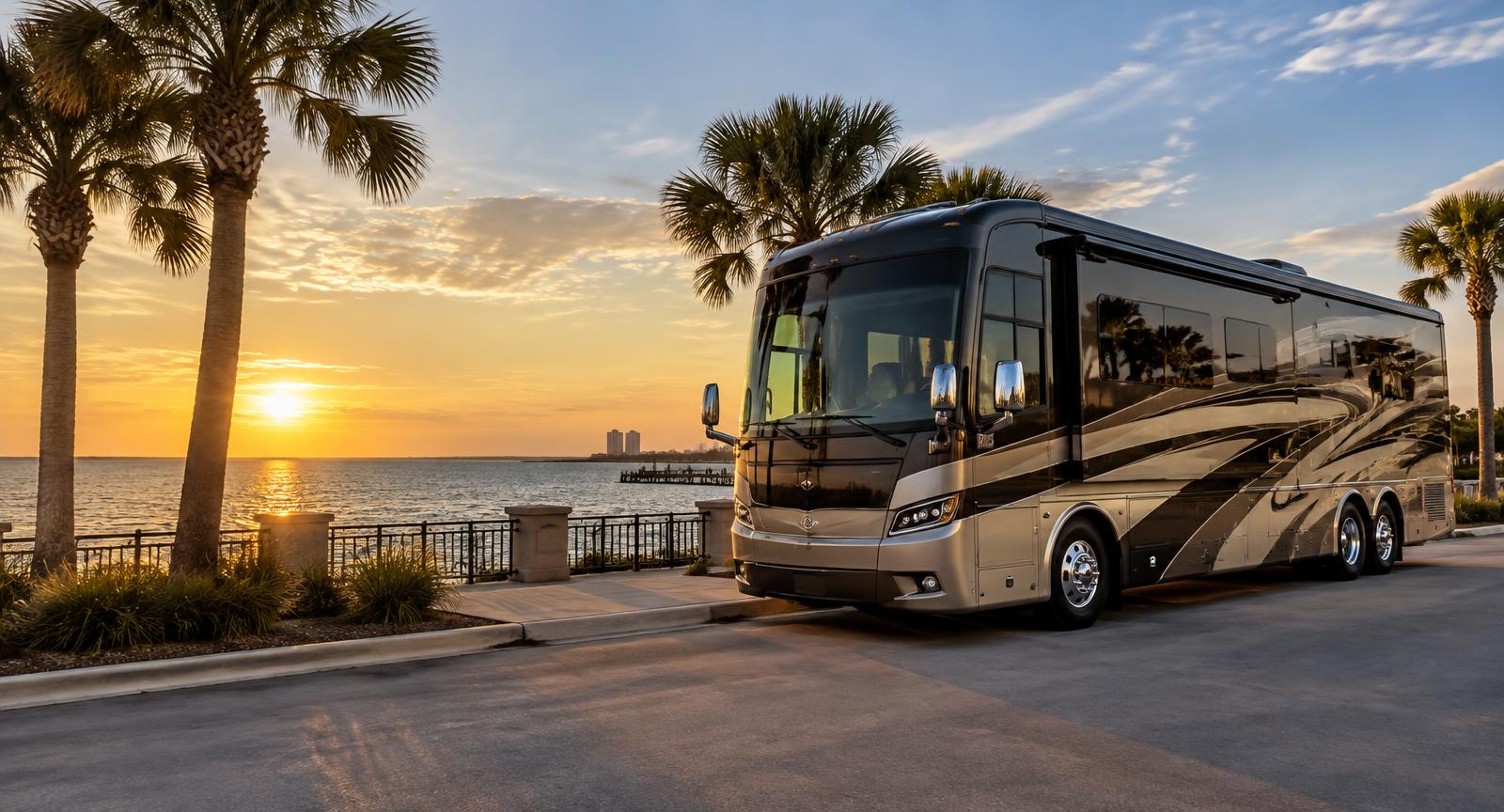 Upscale motorcoach on a coastal road at sunset