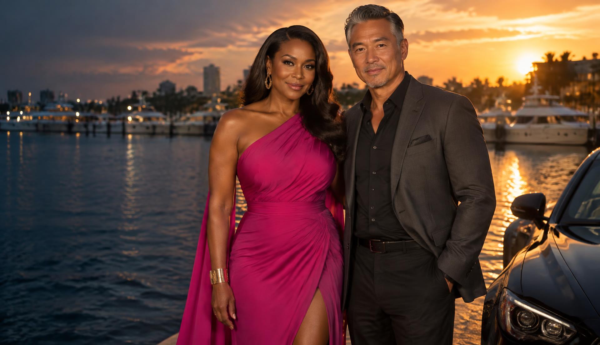 Stylish interracial couple at an elegant waterfront marina beside a luxury sedan