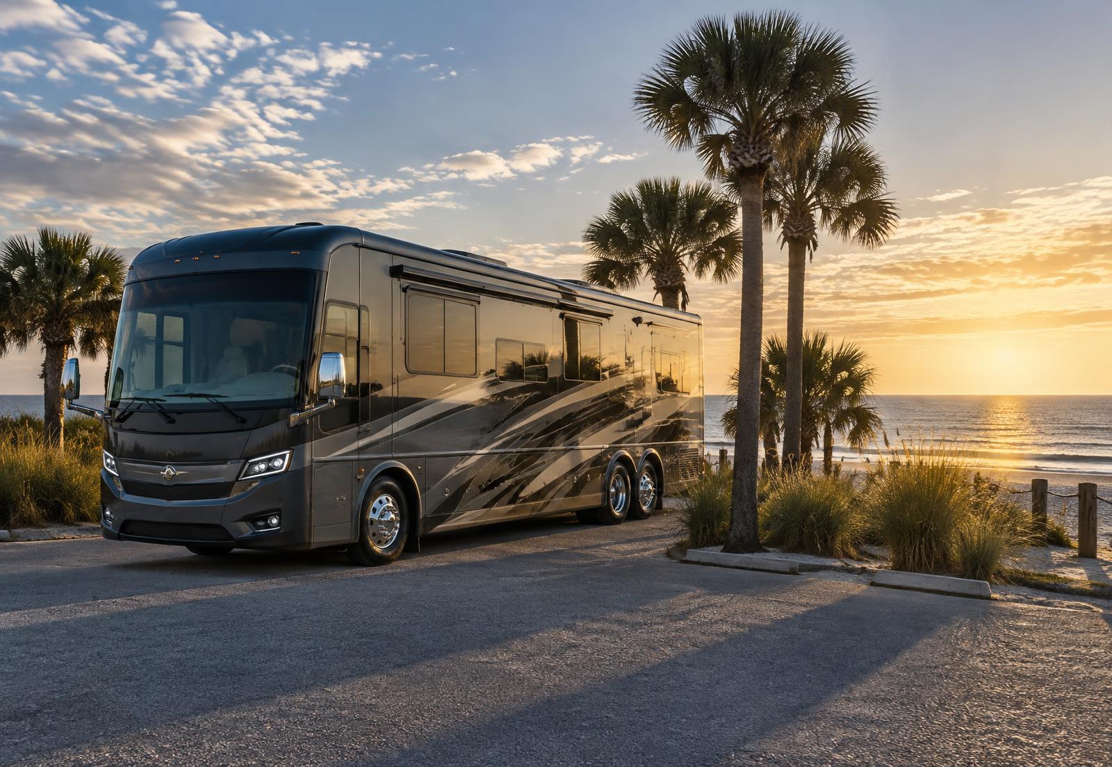 Luxury motorcoach at a scenic destination