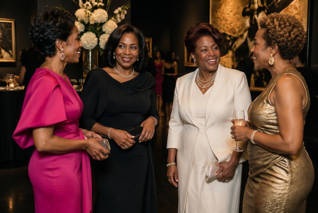 Four stylish Black women sharing conversation at an elegant organization gathering